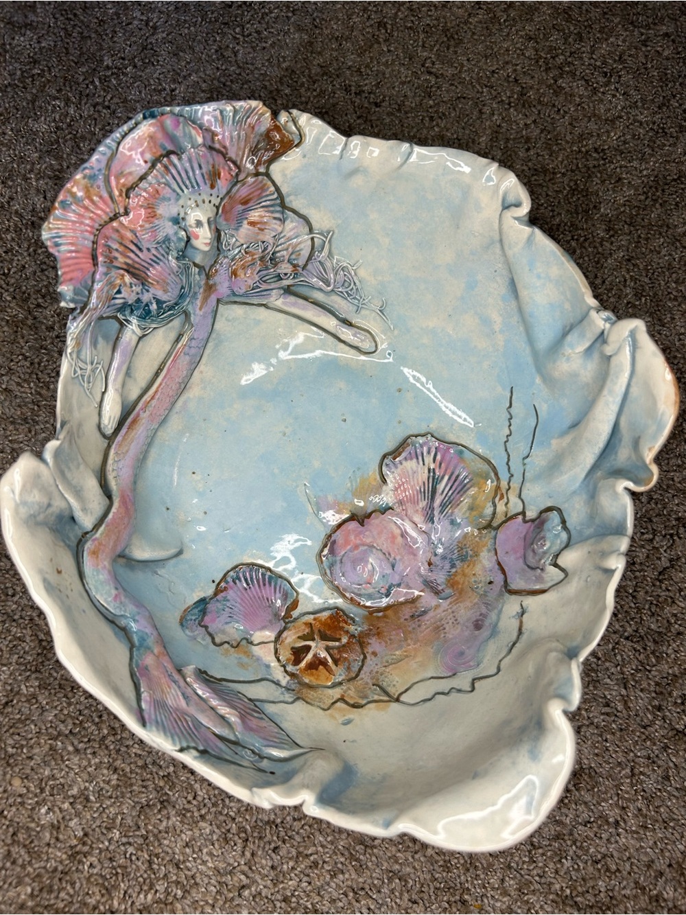 Handcrafted Mermaid Ceramic Bowl in Pastel Blue and Pink